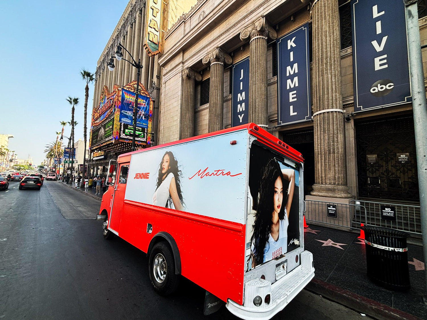 experiential marketing billboard truck on Hollywood Blvd advertising for an album song release of k-pop super star Jennie of 
BLACKPINK Girl group at Jimmy Kimmel Live in Los Angeles, California