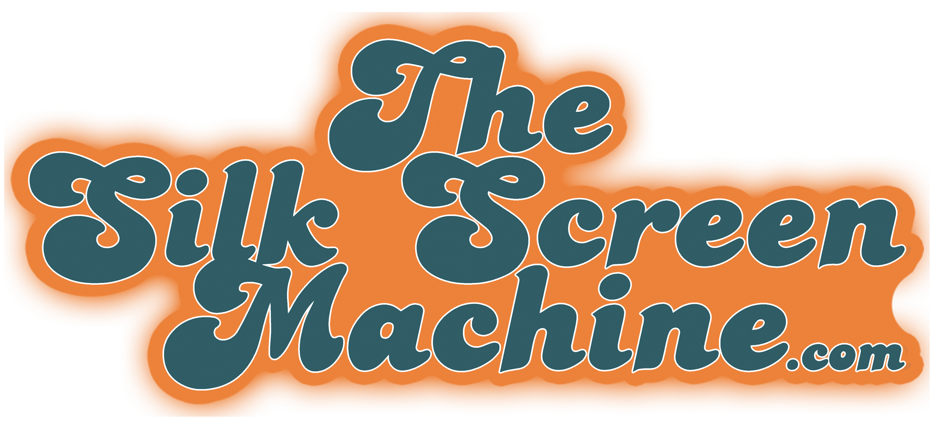 Logo for 'The Silk Screen Machine' with a heart symbol because fortune 500 companies love our live printing services.