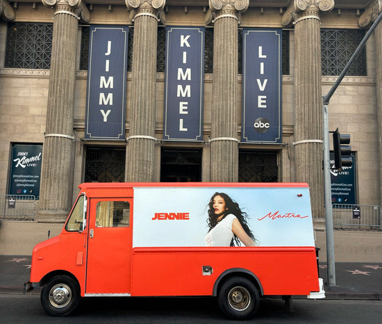 Experiential marketing pop up shop mobile billboard truck live on Sunset and Hollywood BLVD in Los Angeles California advertising for marketing campaign agencies.
