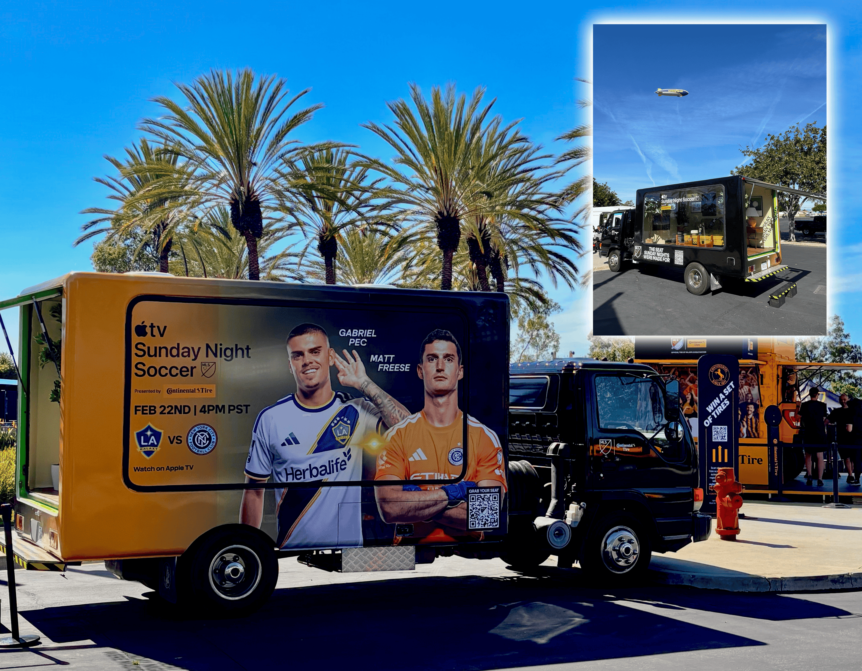 Glass Box truck activation, Experiential Marketing promotional campaign with Apple TV Sunday Night Soccer with images of soccer players, set against a palm tree-lined street in Los Angeles, California. 