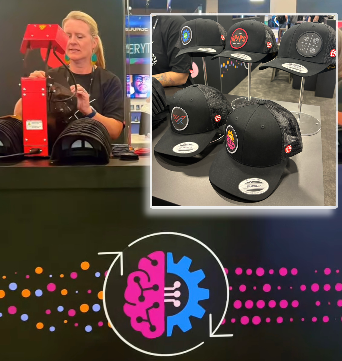 A woman at a convention conference trade show in Las Vegas at a custom hat bar making beanie caps and trucker hats for attendees of the event in a live setting. Experiential Marketing Teams Nationwide.