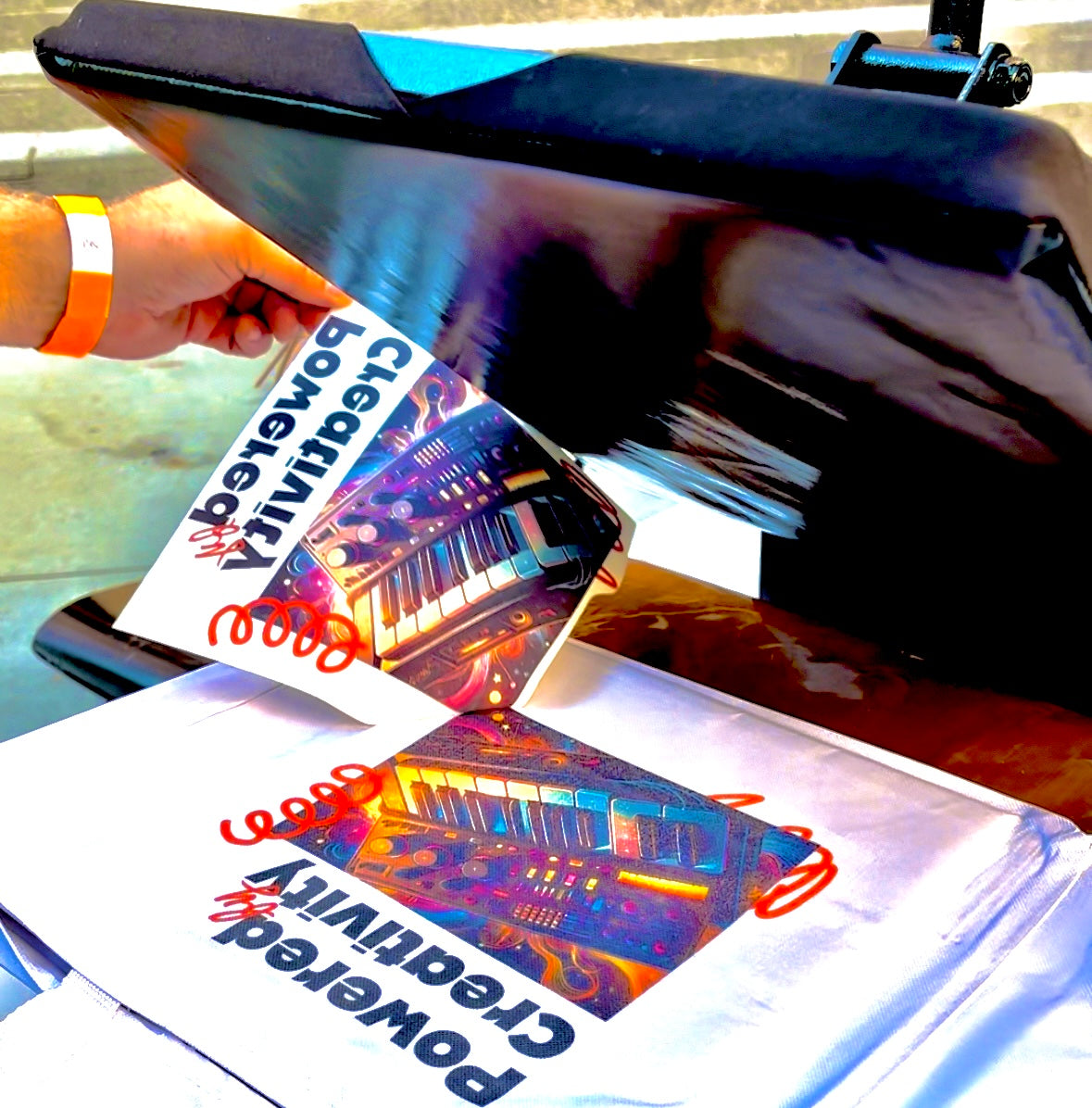 A printing tech at a high end B2B live onsite promotional product printing event peeling a full color image from a tote bag after being heat pressed.