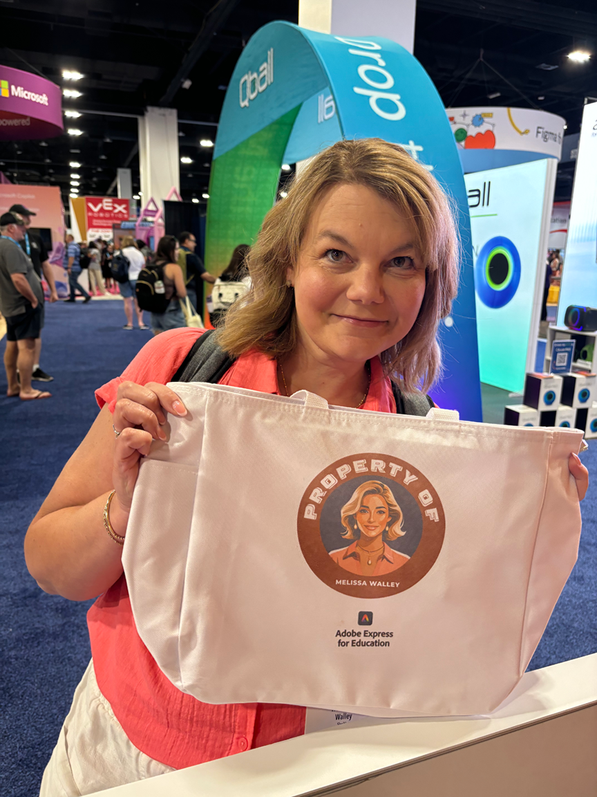 A woman holding up a tote bag that was live printed with an image of herself on it at a convention with a process called live AirDrop printing.